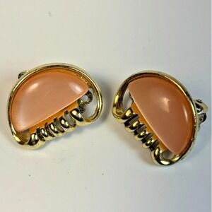 Earrings Vintage Peach Tone Lucite Half Moon Whimsical Gold Tone Setting